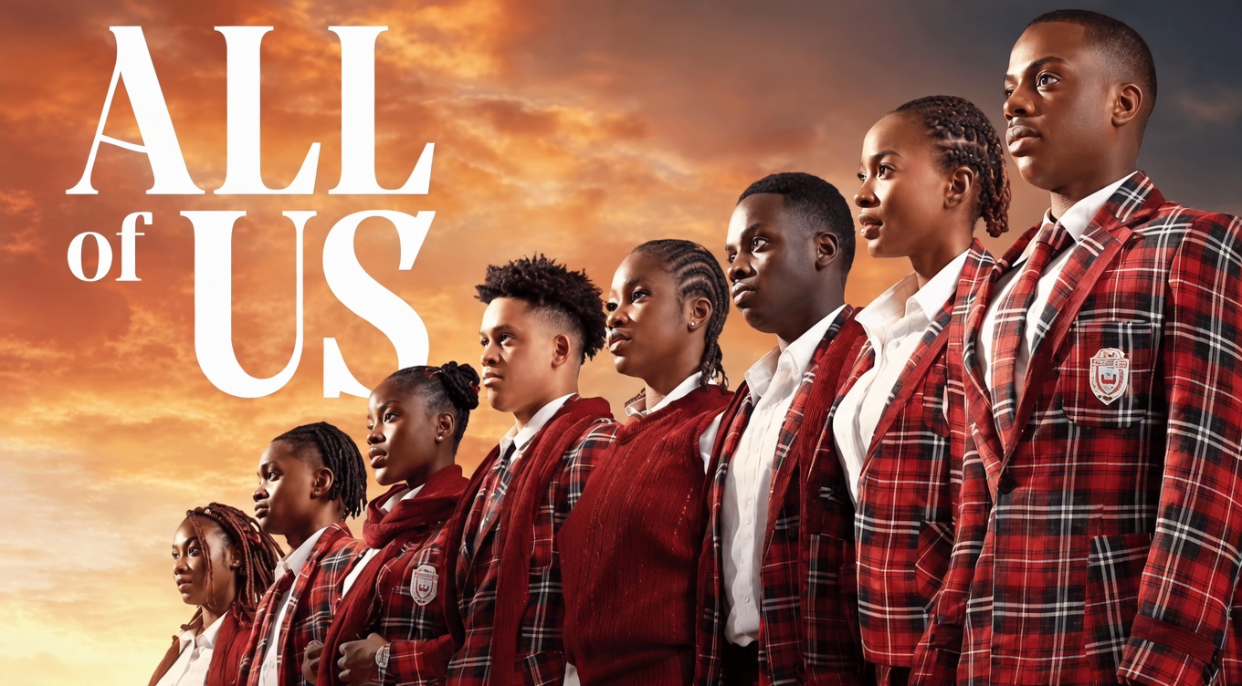 A poster-style image with large white serif text reading "ALL of US" on the left against an orange sunset sky. Eight young people in matching red-and-black plaid school blazers (some with red knit layers) stand in a rising line from lower left to upper right. All face and look toward the right with serious, composed expressions. A school crest is visible on some blazers.