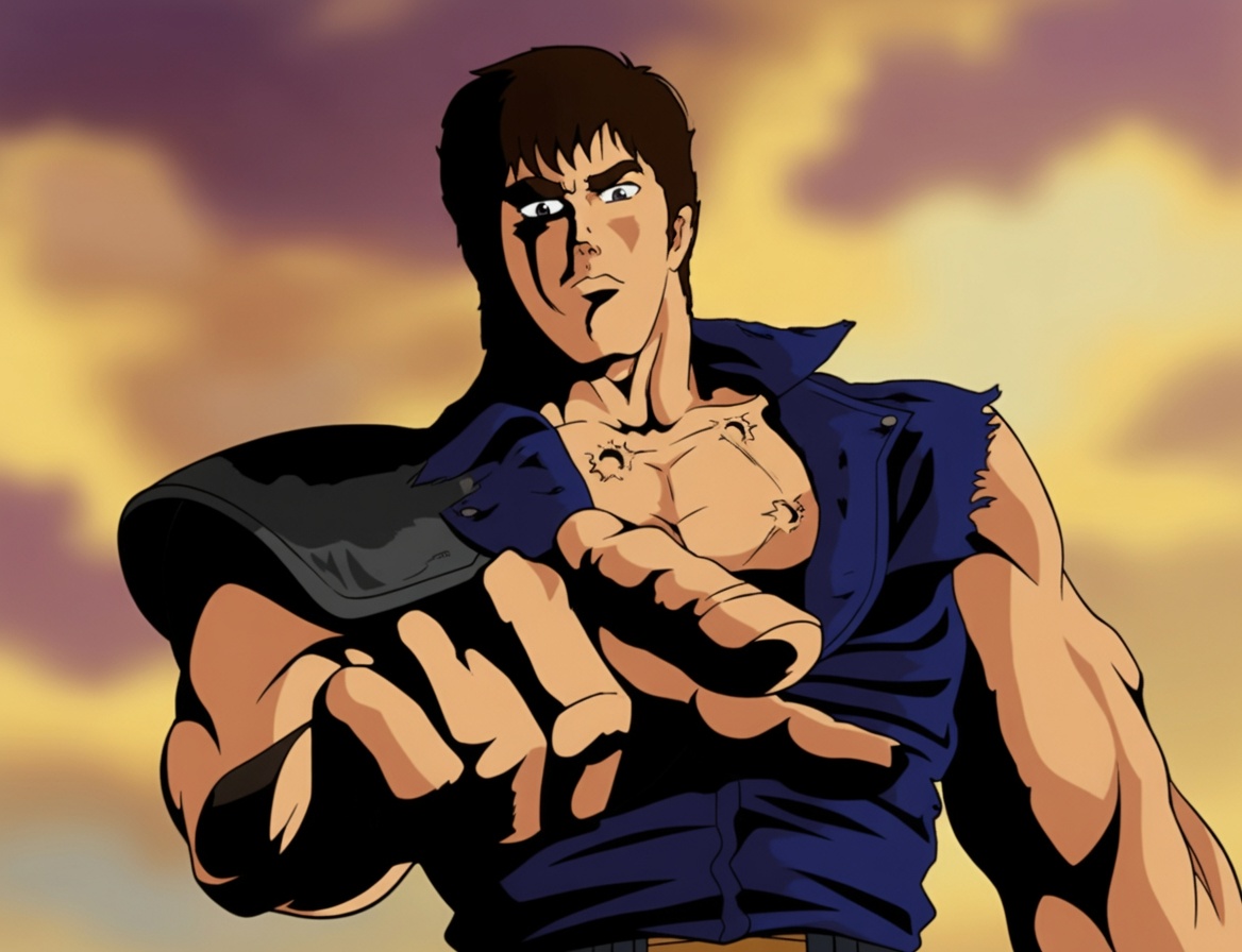 A muscular anime man with brown hair and an intense stare points straight at the viewer with his right hand. He wears a torn dark-blue sleeveless shirt over a scarred bare chest, with a black shoulder piece. The background is a dramatic cloudy sky in yellow, orange, and purple.