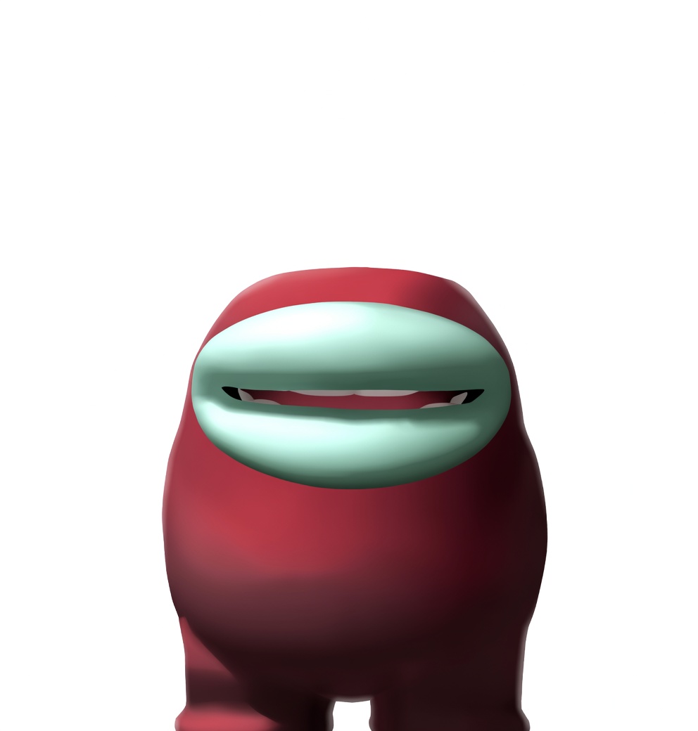 A glossy red, bean-shaped Among Us-style crewmate centered on a plain white background. Its large teal visor is shaped like a wide open mouth with a row of white teeth and a dark red interior, creating a fixed grin. Short stubby legs are visible at the bottom; no arms or other details appear.