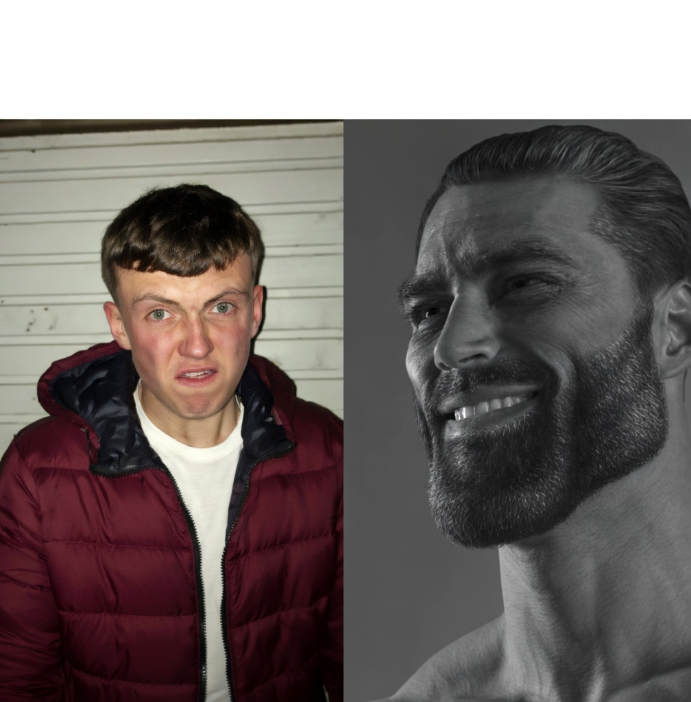A side-by-side split image. Left: a young man with a bowl-cut hairstyle, wearing a maroon puffer jacket over a white shirt, standing in front of a white corrugated wall, making a strained, scrunched, unflattering facial expression. Right: a high-contrast black-and-white close-up of a muscular, bearded man with slicked-back hair, smiling confidently and looking slightly upward; only head, neck, and upper shoulders are visible against a plain gray background.