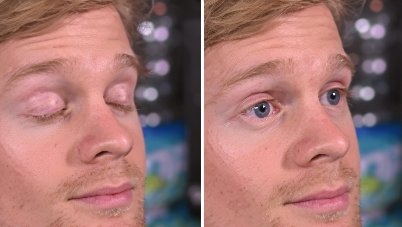 A two-panel close-up of the same fair-skinned blond man. The left panel shows him with both eyes fully closed mid-blink. The right panel shows him with blue eyes open, looking slightly off to the side. He has light stubble and a neutral mouth. A thin white line divides the two photos. The background is a dark, out-of-focus interior with circular bokeh lights.