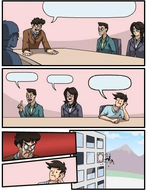 A multi-panel comic. Top panel: a conference table scene with a man in a brown jacket leaning forward and gesturing, a large empty speech bubble above him; a silhouetted figure on the left; a man in a teal jacket and a woman with glasses seated on the right. Middle panel: three people at the table, each with an empty speech bubble—the teal-jacket man pointing upward, the woman looking forward, and a dark-haired man resting his cheek on his hand with a larger bubble. Bottom-left: two stacked close-ups—an angry wide-eyed face on a red background, then a worried face with hands near the cheeks. Bottom-right: exterior of a multi-story white building with a person being thrown out a window against a landscape background.