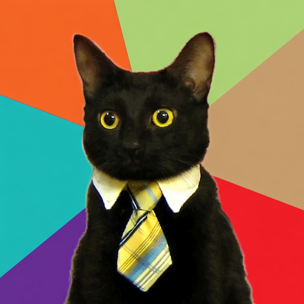 A black cat with wide yellow eyes faces forward, wearing a white collar and a yellow plaid tie with blue and black stripes. The background is a pinwheel of flat color wedges in orange, lime green, tan, red, purple, and teal. No text is printed on the image.
