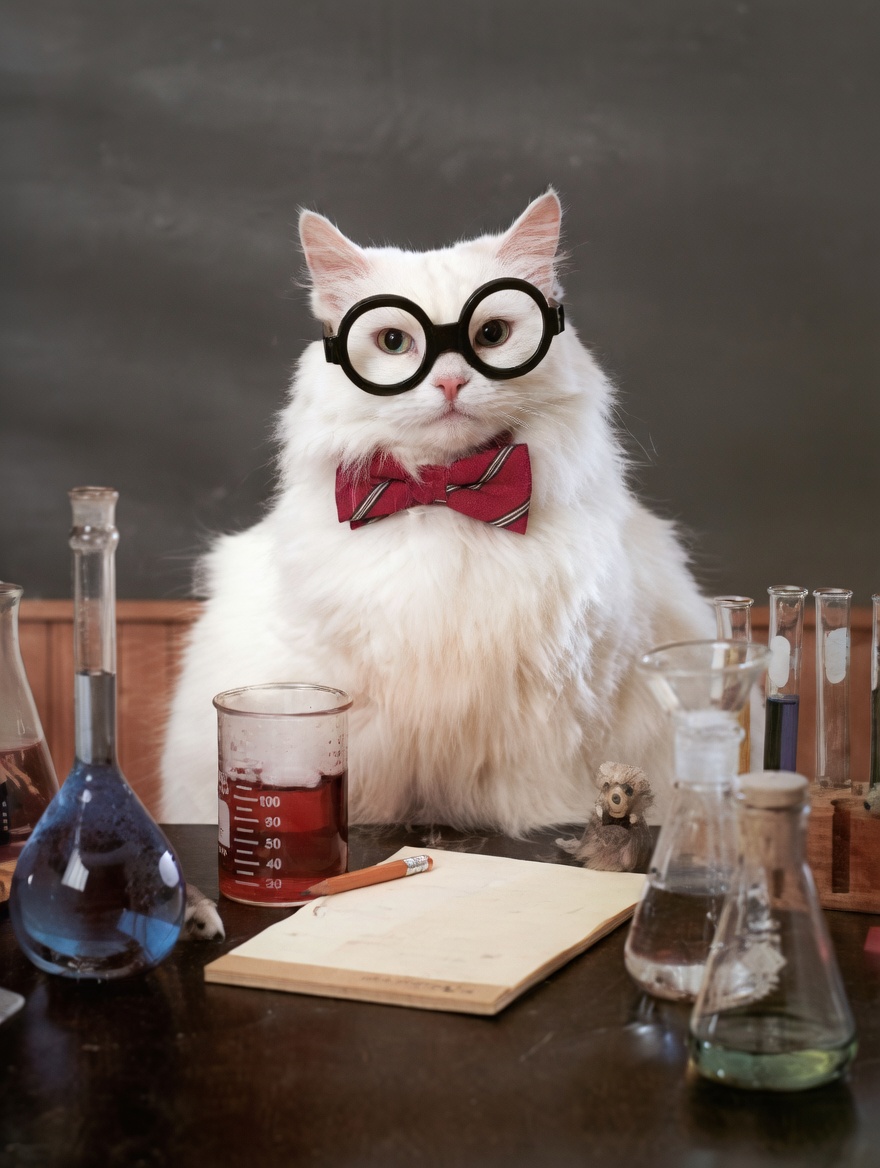A fluffy white cat wearing large round black-rimmed glasses and a red bow tie with light stripes sits upright facing the camera. It is behind a dark lab table covered with glassware: a round flask with blue liquid, a graduated beaker with red liquid, clear Erlenmeyer flasks, a funnel, and a wooden rack of test tubes with colored liquids. An open notebook with a pencil and a tiny stuffed animal sit on the table. The background is a blank dark chalkboard and wooden paneling.