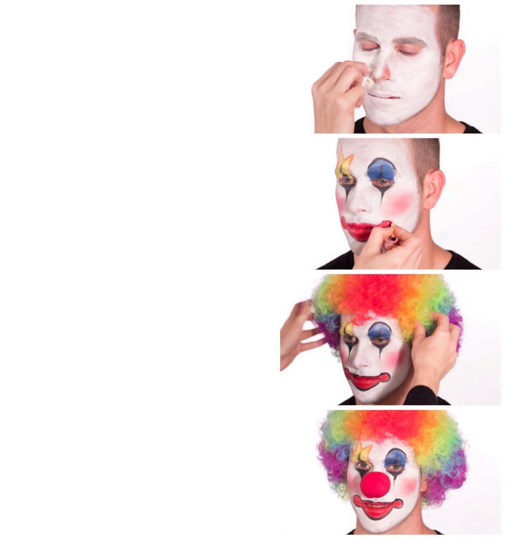 A four-panel vertical sequence of the same man. Panel 1: white face paint is being applied with a sponge. Panel 2: full colorful clown face paint (blue eye shapes, pink cheeks, red lips, yellow star). Panel 3: a rainbow afro wig is being put on. Panel 4: finished look with the rainbow wig and a large red clown nose. Large blank white space runs down the left side of the panels.