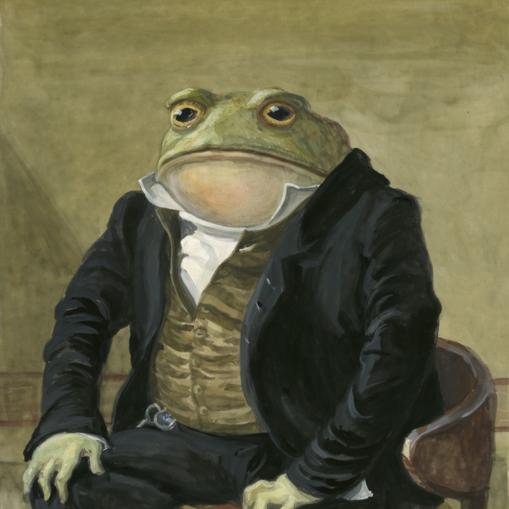 A painted portrait of an anthropomorphic green toad sitting in a wooden armchair. It wears a black formal coat, a patterned brown-green buttoned waistcoat, a white high-collared shirt, and dark trousers, with a pocket-watch chain at the waist. The toad has large amber eyes, a pale throat, and green-spotted skin; its hands rest on its knees. The background is a muted olive-green wash in a watercolor or gouache style.