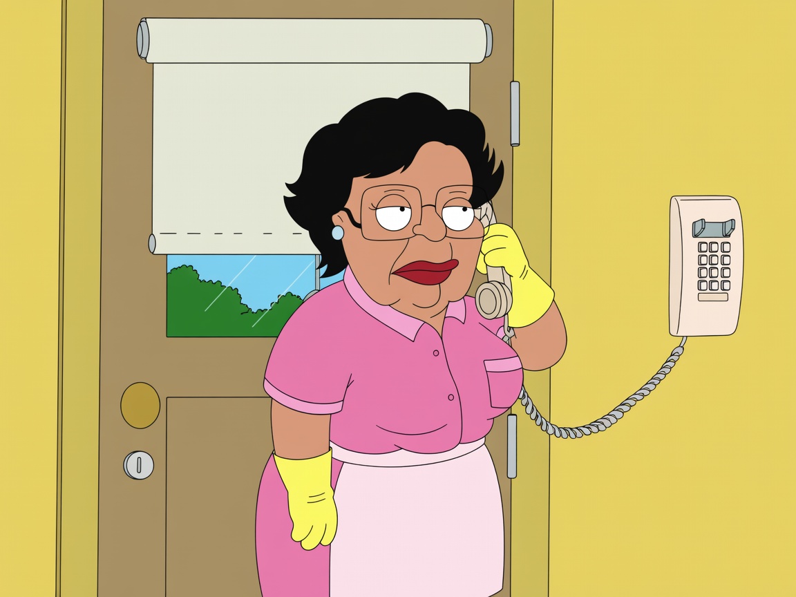 A cartoon woman with short black hair, glasses, blue earrings, and red lipstick stands indoors against a yellow wall. She wears a pink short-sleeved uniform dress, a light pink apron, and yellow rubber cleaning gloves. She holds a beige landline phone receiver to her left ear with her left hand; the coiled cord connects to a wall-mounted phone with a keypad on the right. Her right hand rests near her hip. Behind her is a brown door with a gold knob, deadbolt, and a window covered by a beige roller shade partially raised to show green bushes and blue sky outside. Her expression is flat and slightly skeptical, eyes looking sideways.