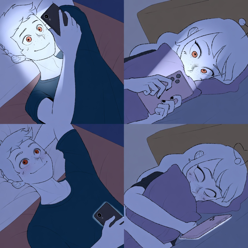 A 2x2 comic in cool blue night lighting. Top left: a freckled young man in bed smiling happily at a phone held above him. Top right: a young woman in bed staring intensely/angrily at a glowing phone. Bottom left: the same man still smiling contentedly, phone lowered. Bottom right: the woman face-down hugging a pillow looking sad/hurt, phone set aside on the bed.