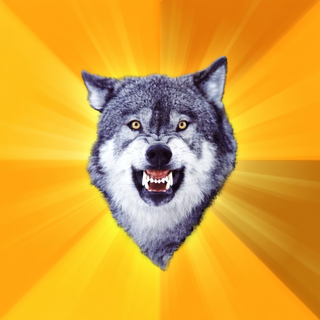 A gray wolf’s head faces the camera head-on, mouth open in a snarl with visible fangs and teeth, yellow eyes, and upright ears. The wolf is centered on a bright yellow-orange background with rays bursting outward from behind it. No text is present.