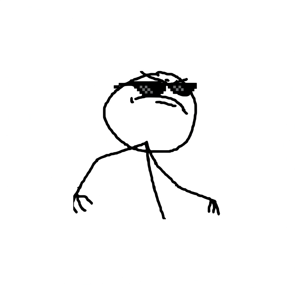 A black stick figure on a plain white background. The round head has a small frown and thick pixelated sunglasses with a checkerboard lens pattern. The body is a few rough lines: one arm hangs down, the other angles outward, and the legs are planted in a casual stance. No text is printed on the image.