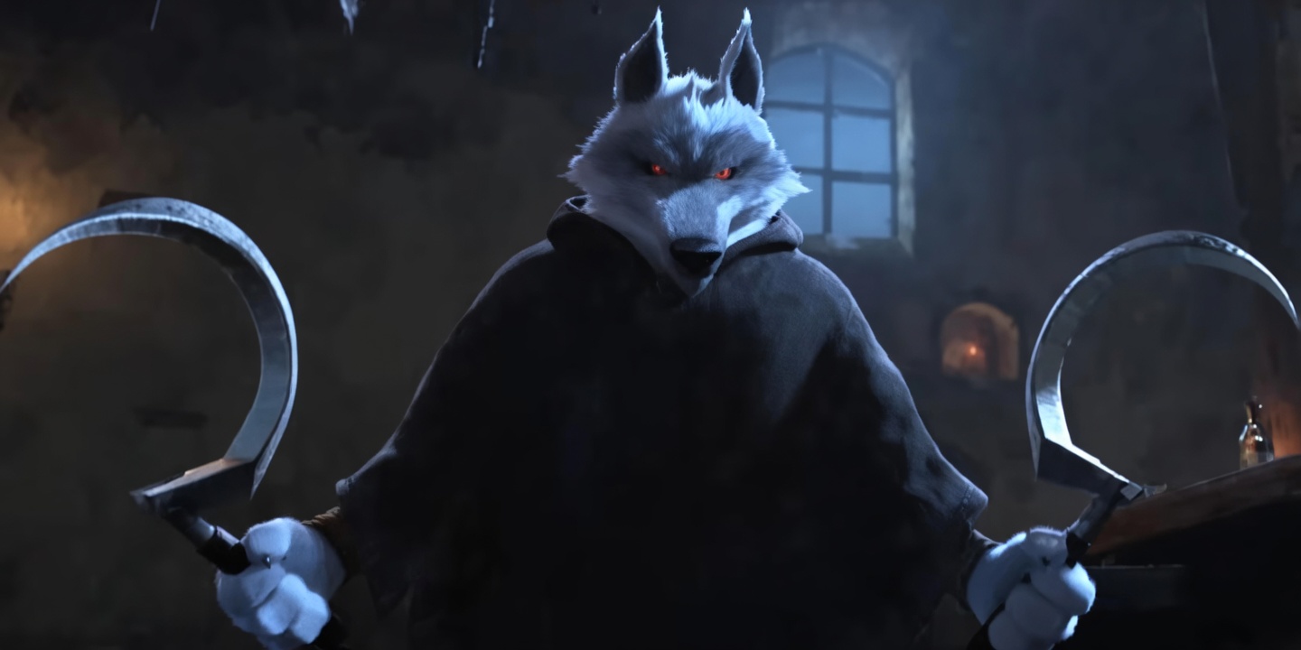 A white anthropomorphic wolf with glowing red eyes stands centered in a dark stone room, wearing a heavy black hooded cloak. It holds a large curved sickle-like blade in each white-furred hand, raised at its sides. A barred window and dim background details are visible behind it. The lighting is cool and dramatic, focused on the wolf’s face and weapons.