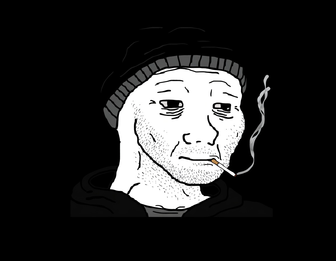 A black-and-white line drawing of a pale man from the shoulders up against a solid black background. He wears a dark ribbed beanie and a dark hooded top. He has heavy-lidded half-closed eyes, deep under-eye bags, forehead wrinkles, stubble, and a cigarette with a brown filter in his mouth with a thin trail of smoke rising. His expression is flat, weary, and unsmiling.