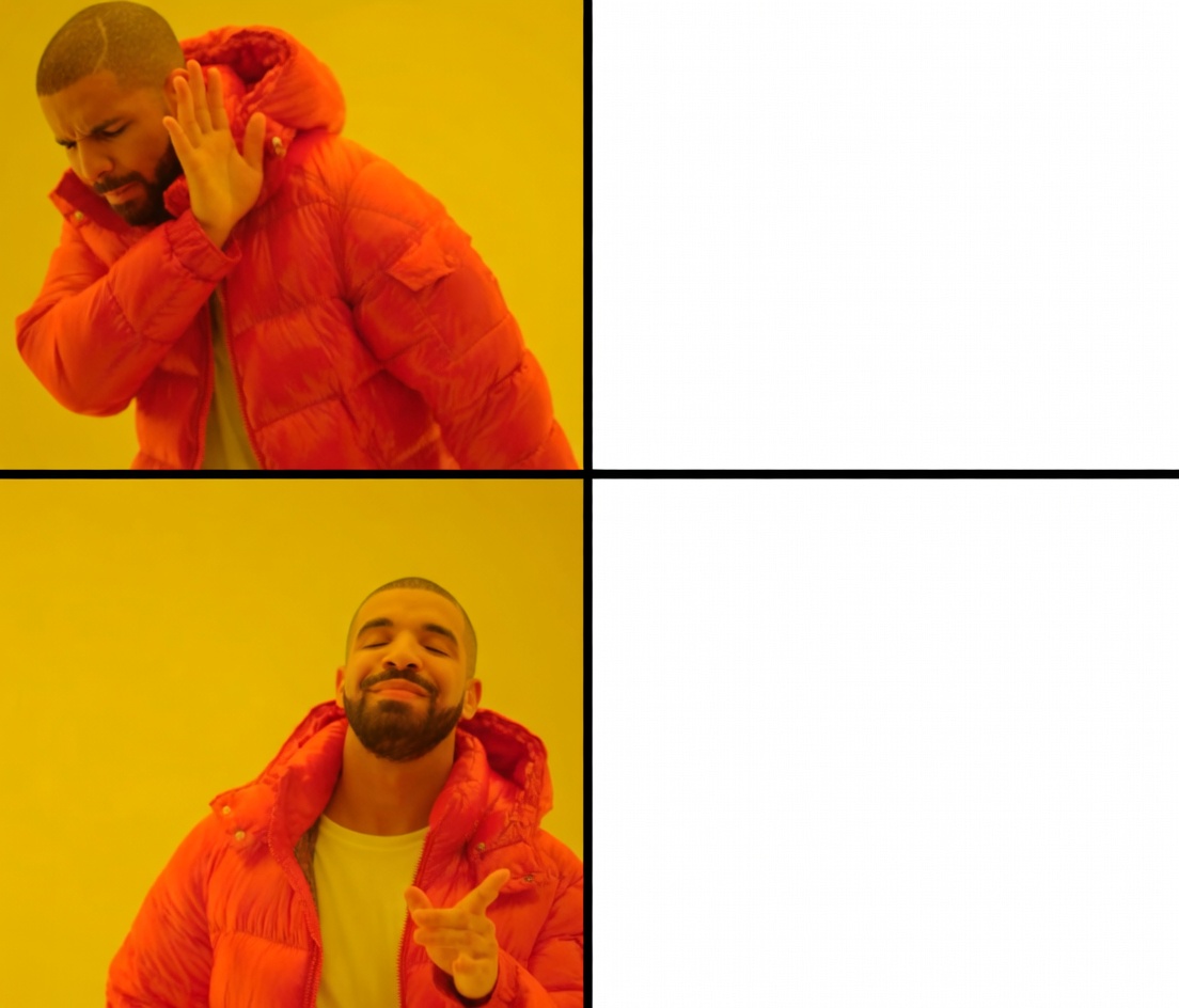 A four-panel grid on a yellow background. Top-left shows a man in an orange puffer jacket turning away with one hand raised in a rejecting gesture. Top-right is empty white space. Bottom-left shows the same man facing forward, eyes closed, slight smile, pointing approvingly with one hand; he wears a white shirt with a Jumpman logo under the open jacket. Bottom-right is empty white space. Thick black lines divide the panels.
