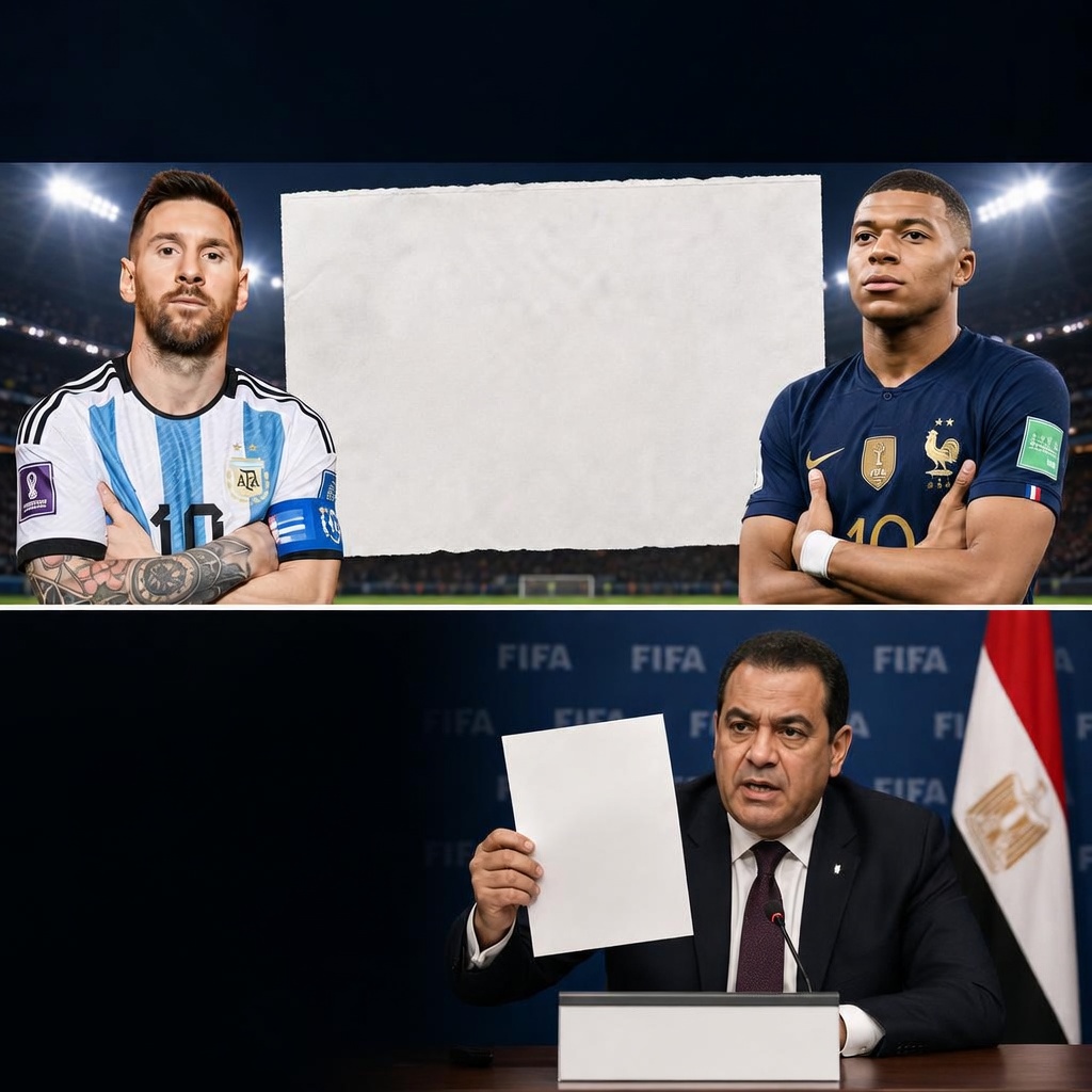 Two-panel image. Top panel: soccer players Messi (Argentina jersey) left and Mbappe (France jersey) right flanking a FIFA World Cup 2026 Final graphic of Argentina vs France flags with red LEAKED stamp. Bottom panel: suited man at desk holding “FIFA OFFICIAL COMPLAINT” paper, Egypt nameplate and flag beside him, FIFA backdrop.