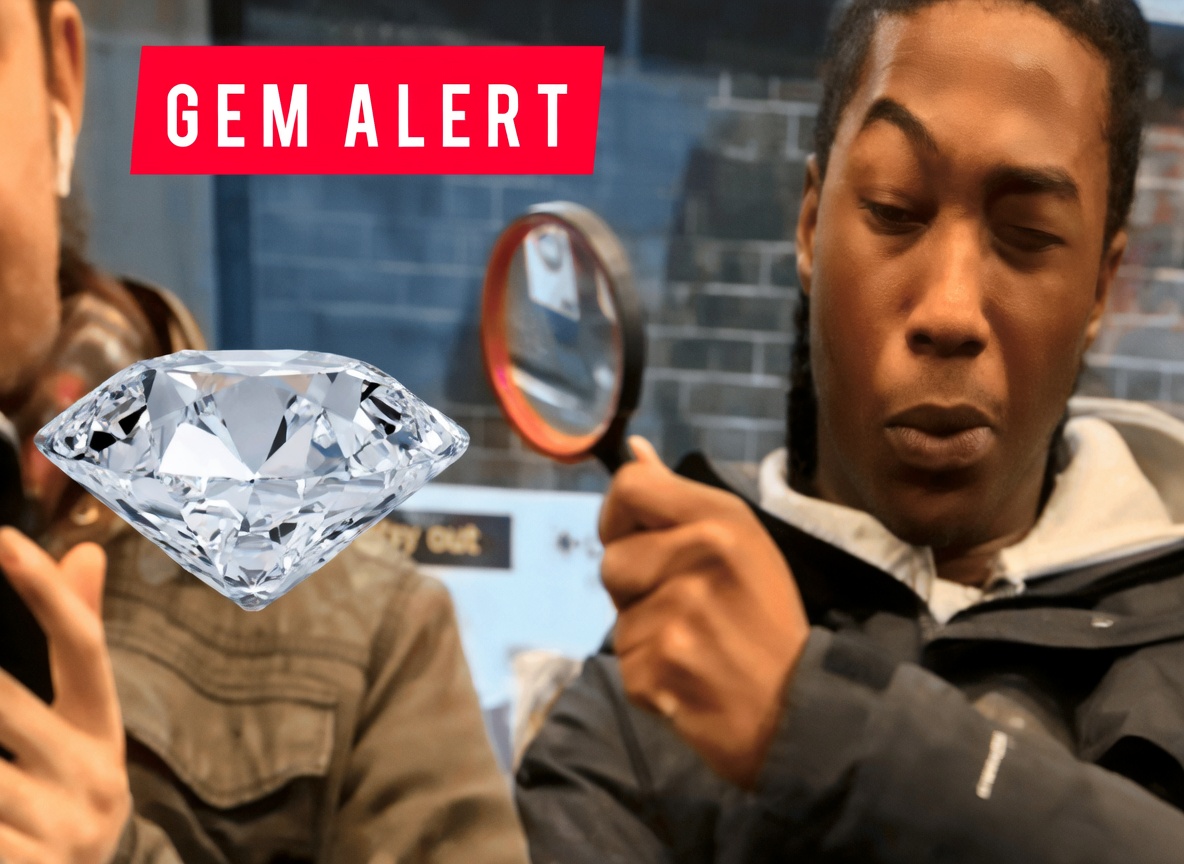 A red rectangular banner in the upper left reads GEM ALERT in white capital letters. A large, faceted diamond graphic sits on the left side of the frame. On the far left, a person in a brown jacket with an earbud is partly visible, looking down at something in their hands. On the right, a person in a dark hooded jacket holds an orange-rimmed magnifying glass and stares downward with intense concentration. A brick wall and storefront glass are visible behind them.