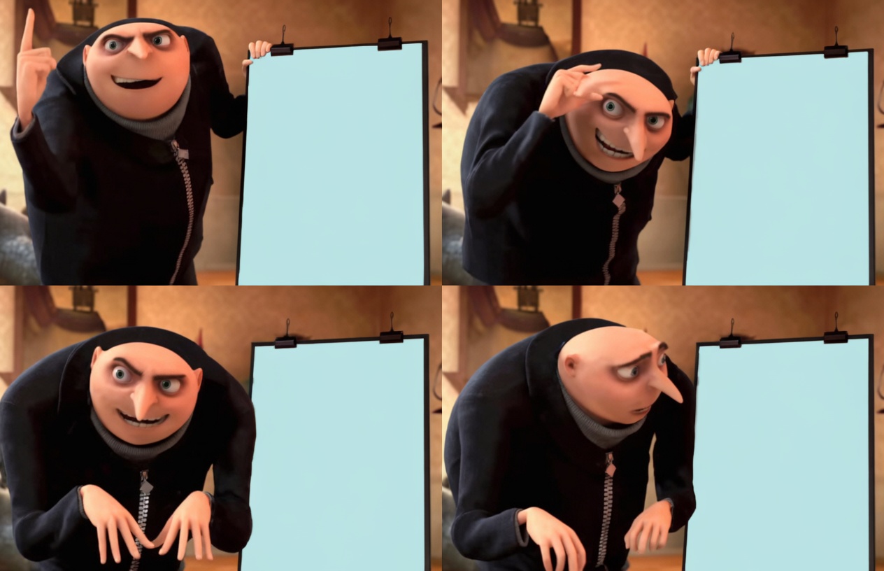 Four-panel grid of the character Gru in a black outfit. Top-left: Gru raises one finger while holding a large blank light-blue presentation board. Top-right: Gru points to his temple with a sly smile while holding the same blank board. Bottom-left: Gru leans forward excitedly with both hands gesturing toward the blank board. Bottom-right: Gru looks sideways at the blank board with a confused, deflated expression, hands still near it.