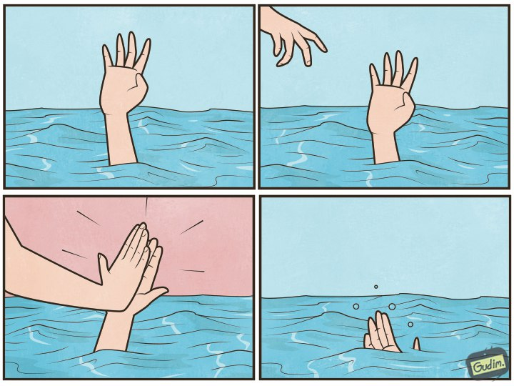 A four-panel comic in a two-by-two grid. Top-left: a hand and forearm stick up out of blue water, fingers spread. Top-right: a second hand reaches down from above toward that raised hand. Bottom-left: the two hands meet in a high five, with short impact lines and a pink background, while the first arm is still in the water. Bottom-right: the first hand is sinking, with bubbles and only the fingertips still above the surface. A small “Gudim.” mark sits in the bottom-right corner.