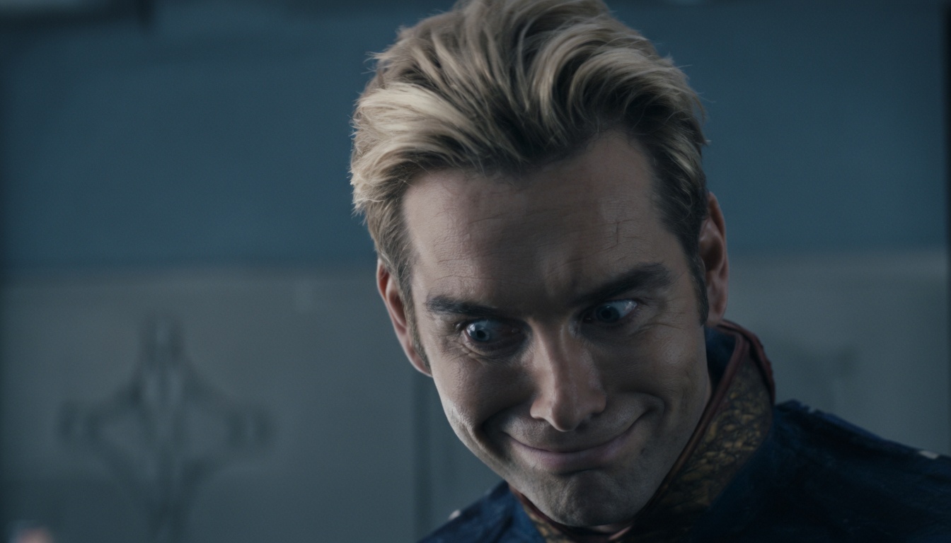 Close-up of a fair-skinned man with swept-back blond hair and blue eyes, wearing a dark blue costume with gold embroidery and a high collar. He tilts his head slightly, stares sideways at the camera with wide eyes, and holds a tight, unnatural smile.