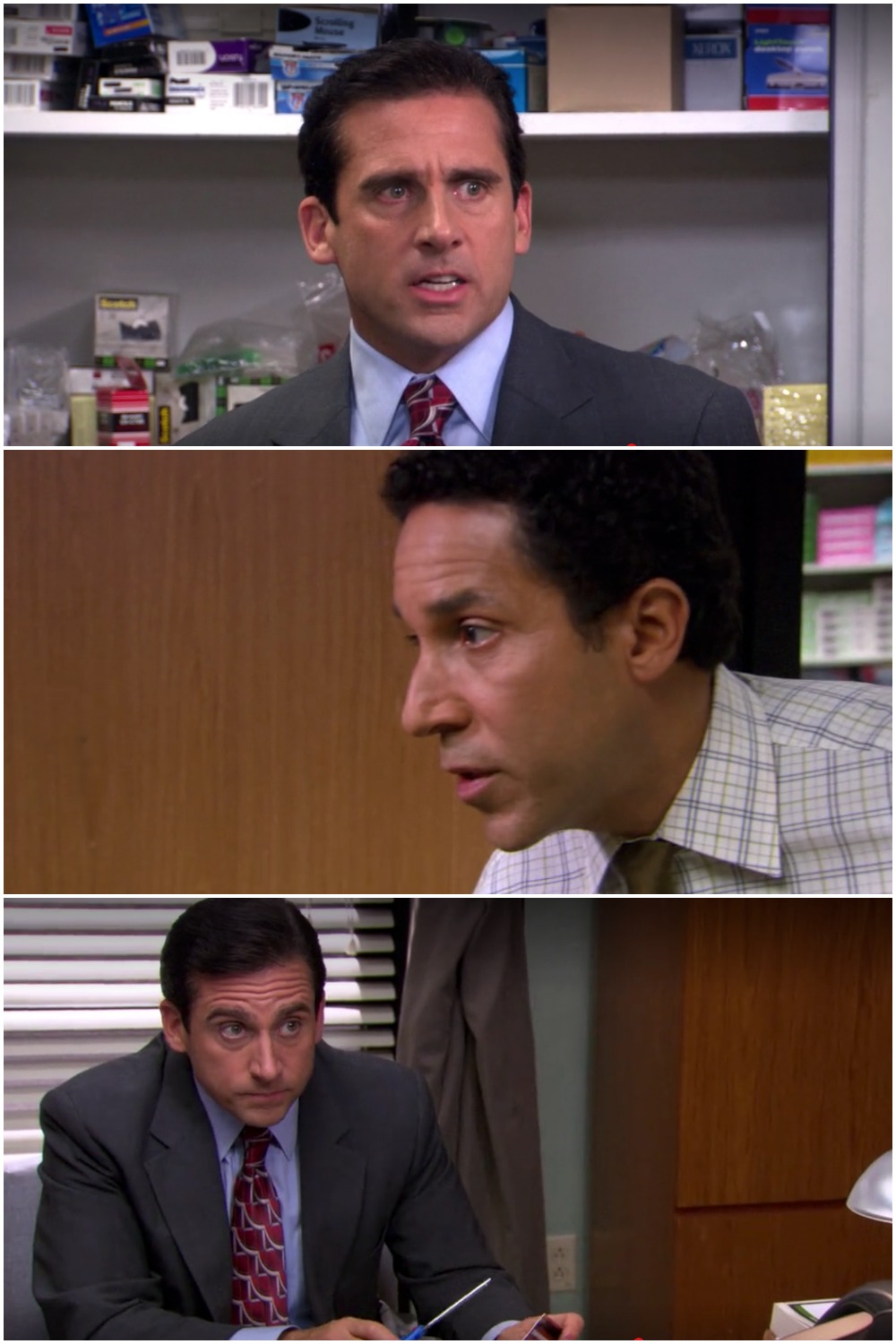 Three stacked stills from an office sitcom. Top: a man in a gray suit and red patterned tie stands in a storage room lined with shelves of boxed supplies, staring forward with wide eyes and a slightly open mouth. Middle: close-up of a man in a light plaid shirt looking left with his mouth open in surprise. Bottom: the first man sits at a desk in a suit, looking nervously to his right while holding a pen, with window blinds and a hanging coat behind him.