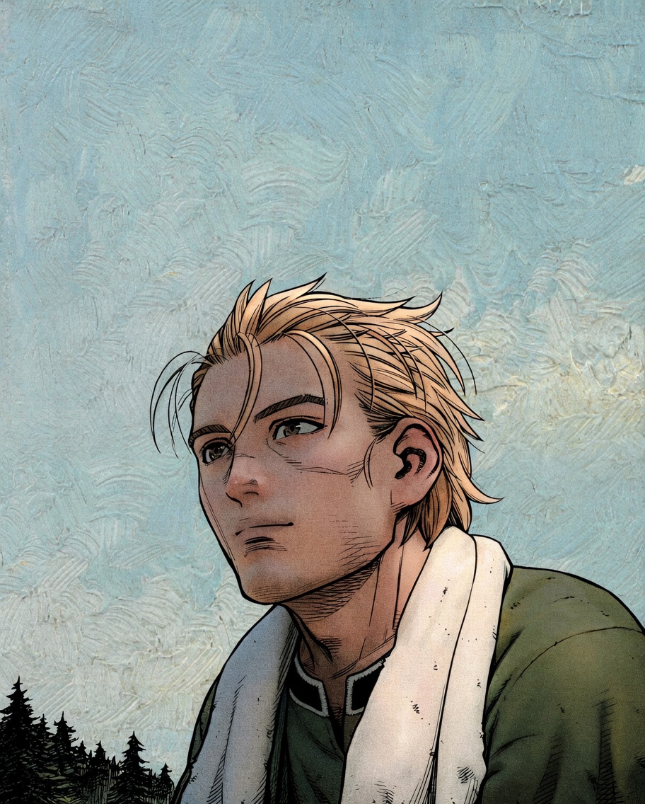 A comic/anime-style portrait of a young man with spiky blond hair looking calmly upward and slightly left. He wears a green top with a white cloth or towel draped around his neck and shoulders. The background is a textured light-blue sky with dark pine trees along the bottom left edge. His expression is serene and composed.