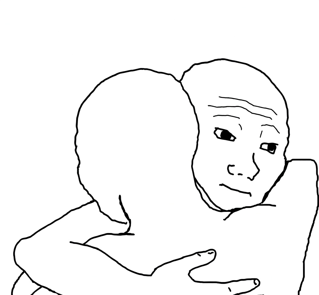 Black-and-white line drawing of two bald, featureless figures in a tight hug. The figure on the right has a visible face with a weary, empathetic expression (heavy brow lines, sidelong eyes, slight frown). The figure on the left shows only the back of the head and shoulder. Arms wrap around each other’s backs; large empty white space fills the upper portion of the image.