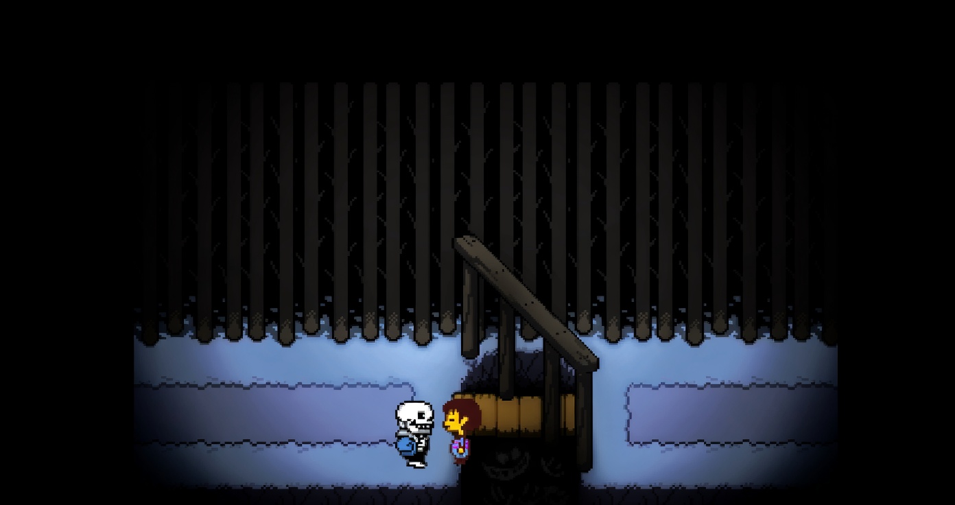 A dark pixel-art scene with a black background of tall vertical bars. A pale blue snowy ground runs across the lower third. On the right is a simple wooden bridge or ramp structure. Two small pixel characters stand side by side near the center-bottom: a white skeleton in a blue jacket and a brown-haired child in a blue-and-pink striped shirt. A faint dark smiling face is visible in the shadows under the wooden structure.