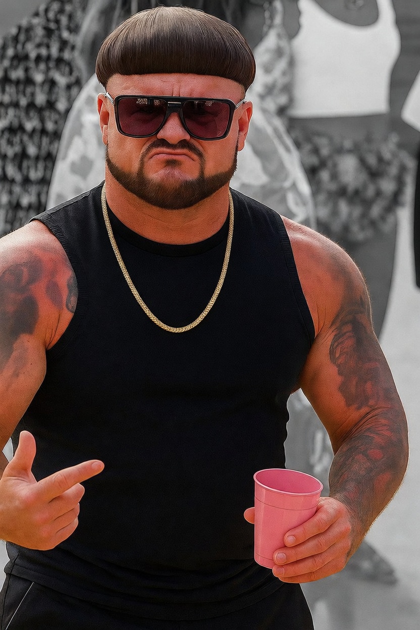 A colour photo of a muscular man with a rounded bowl haircut, dark wraparound sunglasses, a goatee, a black sleeveless shirt, a gold chain, and tattoos on both arms. He holds a pink plastic cup in one hand and points with the other, with a stern, pursed-lip expression. People in beach or party clothes stand behind him, shown in black and white so he is the only figure in colour.