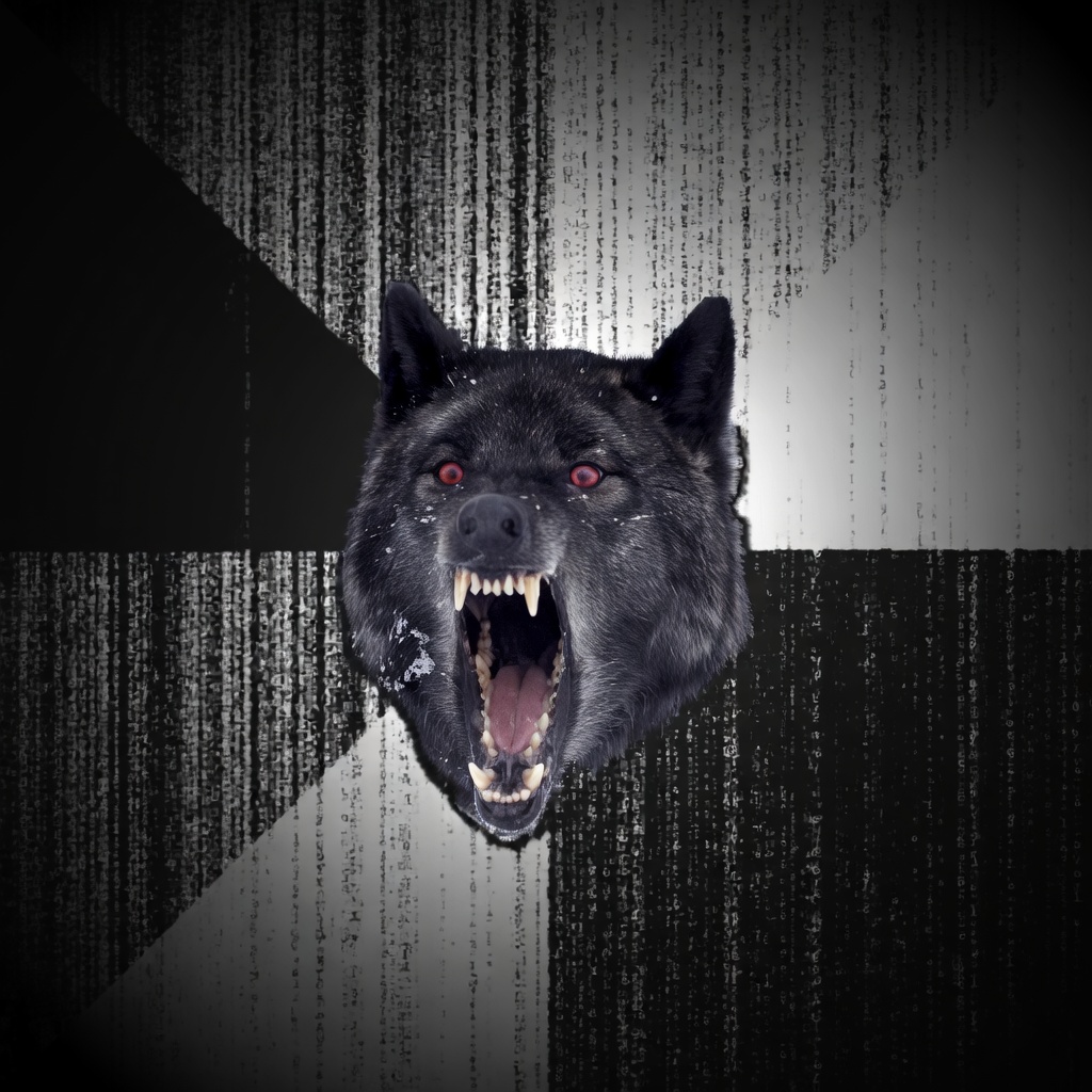 A snarling black wolf head centered in frame, mouth wide open with visible fangs and tongue, glowing red eyes, and light flecks on the fur. The background is a high-contrast black-and-white geometric split (diagonal/panel shapes) overlaid with vertical cascading digital/matrix-style code rain, darker toward the edges.