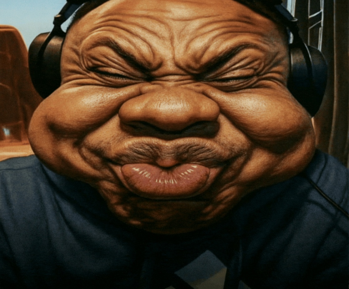 Extreme close-up of a person with medium-dark skin wearing large black over-ear headphones and a dark blue shirt. Eyes are tightly squeezed shut, forehead deeply wrinkled, cheeks puffed, nose scrunched, and lips pursed with the tongue slightly protruding in a strained, contorted expression.
