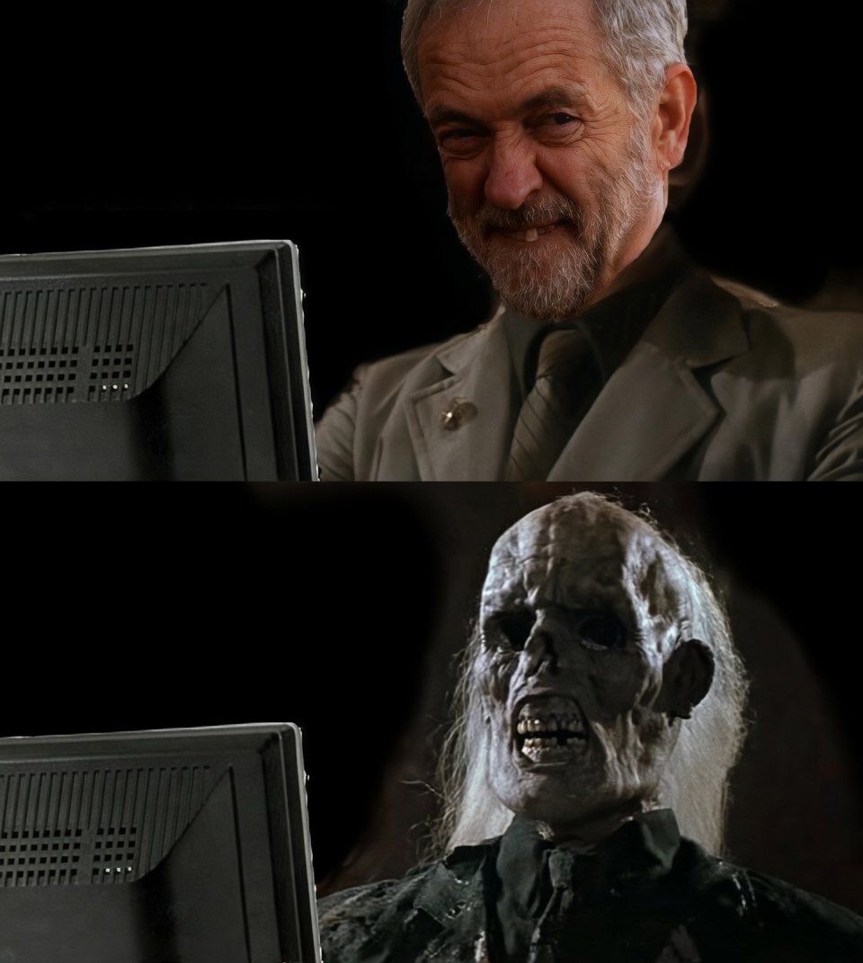 Two stacked panels share the same left-side black computer monitor. Top panel: an older man with gray hair and beard, in a light suit and tie, smiling pleasantly while looking toward the monitor. Bottom panel: a decayed, zombie-like corpse with pale skin, hollow eyes, bared teeth, and long white hair, still facing the same monitor in tattered dark clothing. Dark background in both panels.