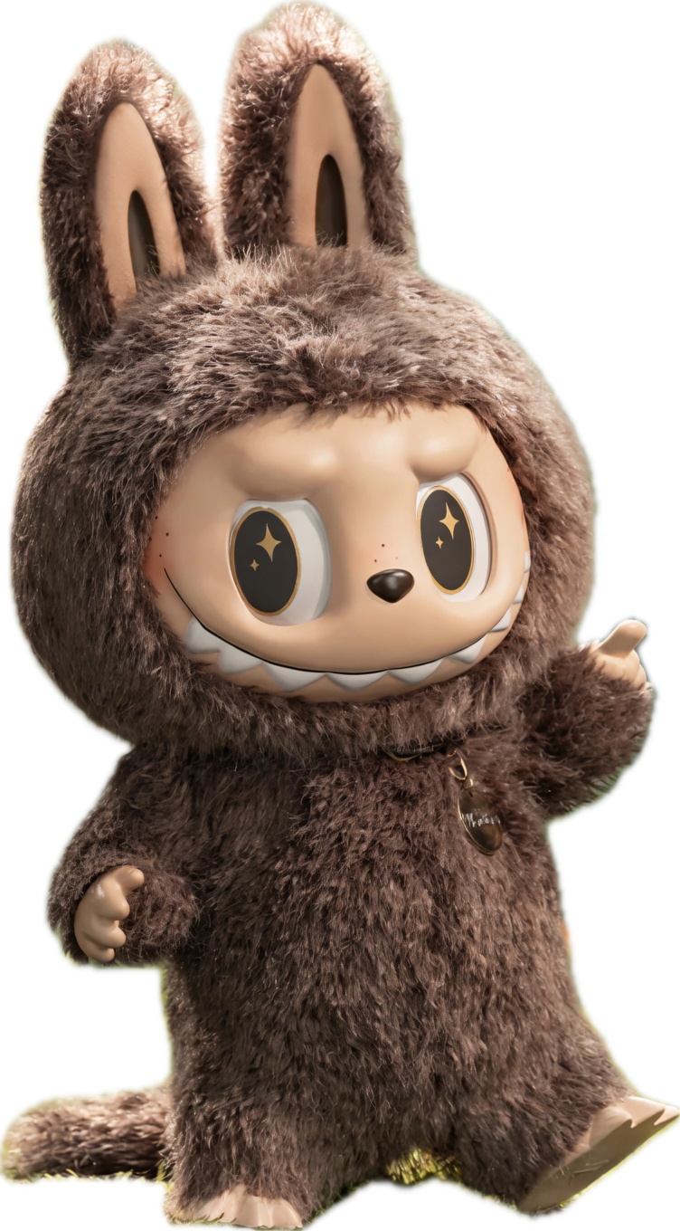 A brown, fluffy full-body costume figure with tall upright ears, large glossy eyes with star-shaped highlights, freckles, a small black nose, and a wide toothy grin. It wears a collar with a round tag, stands on a small patch of grass, and raises one hand with a finger pointing outward. The face is smooth plastic-like while the body is dense fur.