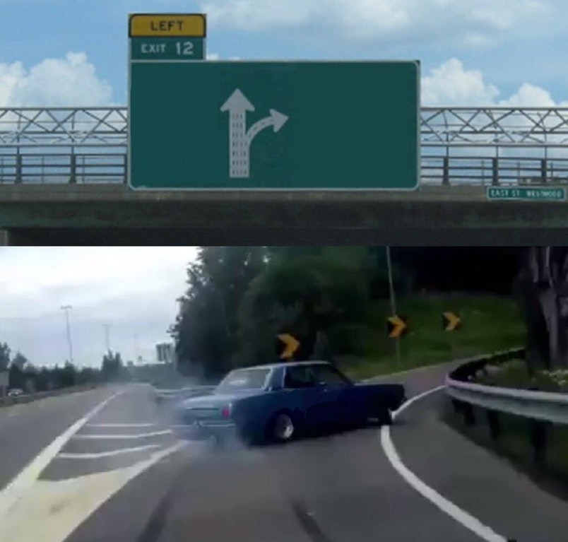Two-panel image. Top panel shows a large green overhead highway sign reading "LEFT EXIT 12" in white with a yellow header bar, plus a white arrow graphic pointing upward then curving. Metal truss structure and sky are visible. Bottom panel shows a blue sedan on a multi-lane highway sharply drifting or swerving with tire smoke, following a curve marked by yellow chevron signs and a guardrail, trees and overcast sky in the background.