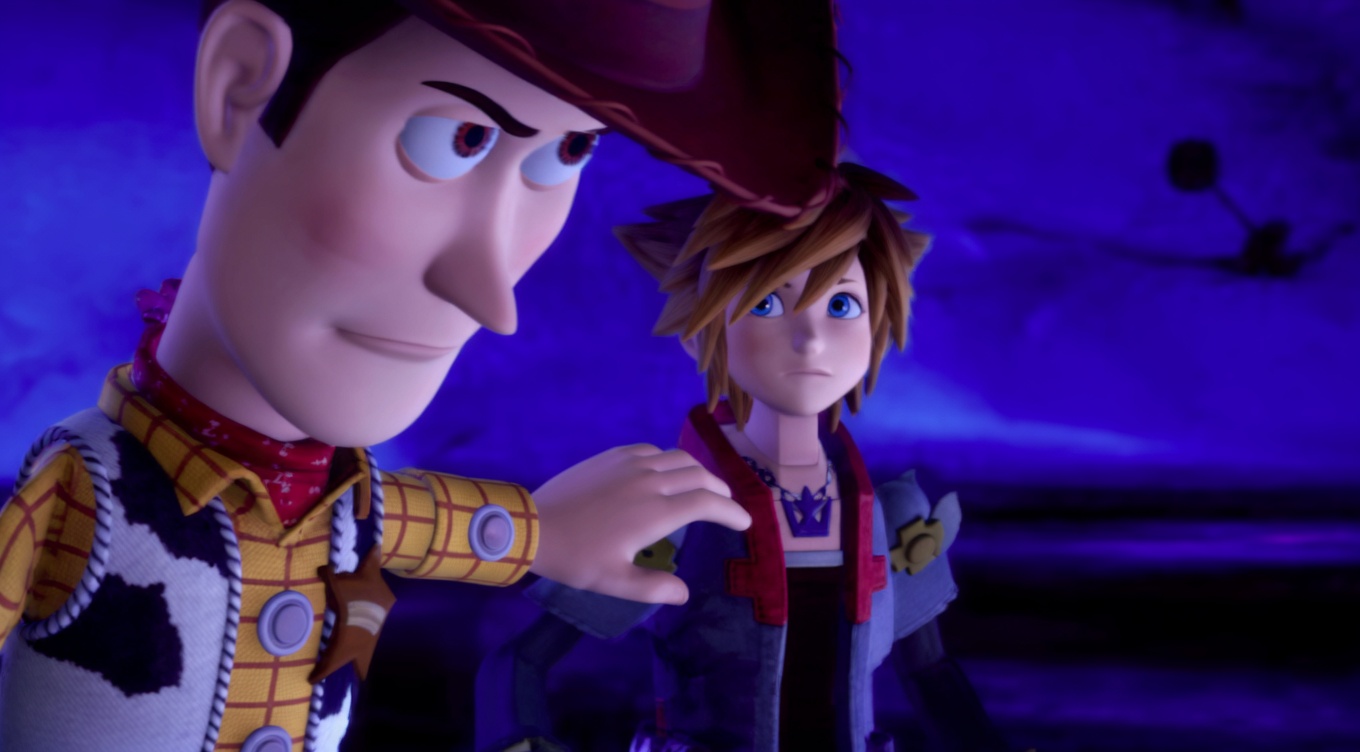 A 3D animated close-up of Woody (Toy Story) on the left in his cowboy hat, yellow plaid shirt, cow-print vest, and red bandana, looking sideways with a knowing half-smile and one hand extended toward a second character. On the right stands Sora (Kingdom Hearts) with spiky brown hair, blue eyes, and a dark jacket with red accents and a crown necklace, facing forward with a serious expression. The background is a deep purple-blue night sky with faint distant shapes.
