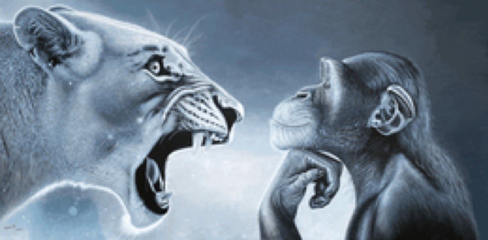 A blue-tinted illustration of a roaring lioness on the left with mouth wide open, teeth bared, and intense eyes, facing a calm chimpanzee on the right that rests its chin on one hand with a slight smile and contemplative expression. Soft particles or light effects float in the background.