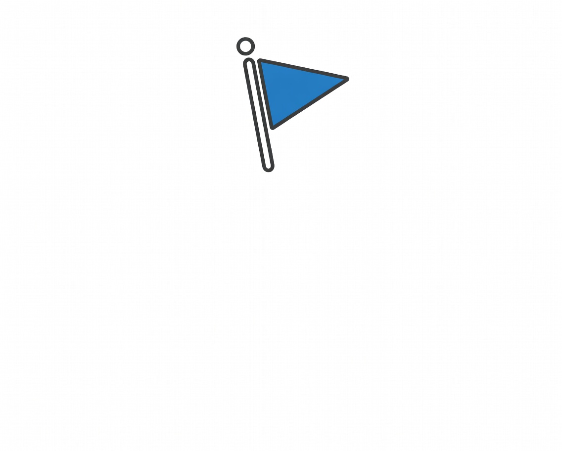 A simple icon of a blue triangular pennant flag attached to a thin dark gray pole. The pole has a small open circle at the top and a rounded tip at the bottom. The flag points right and is solid blue with a dark outline. The image sits on a plain white background with ample empty space around it.