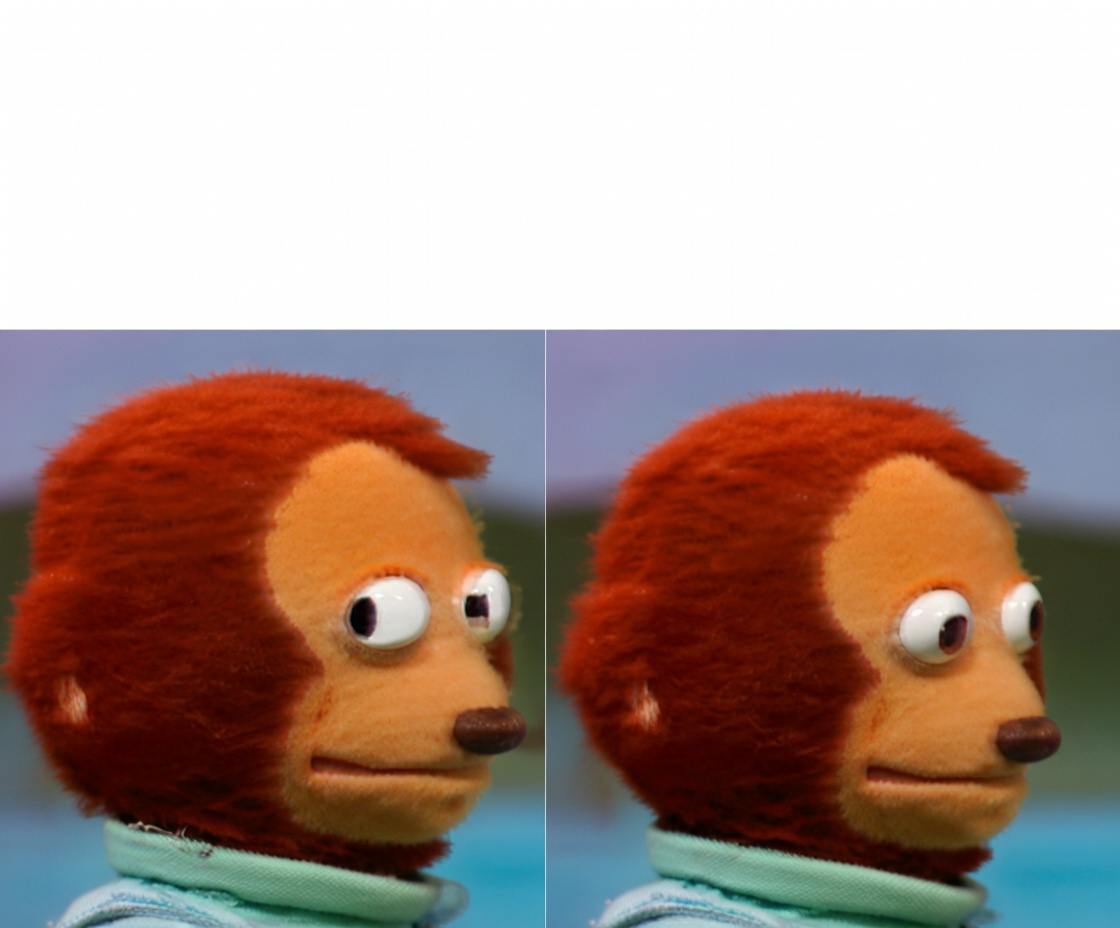Two side-by-side panels of a reddish-brown monkey puppet with large white eyes, a dark snout, and a light teal collar. Left panel shows the puppet in profile facing right with a forward/sideways gaze. Right panel shows the same puppet with its eyes shifted further away and slightly down, as if deliberately avoiding eye contact. Soft blue-gray background in both panels.