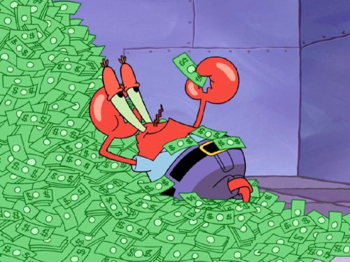 A red cartoon crab reclines in a huge pile of green dollar bills, one bill held up in his claw. His eyes are half-lidded and his mouth is set in a smug little smile. He wears a light blue shirt, a black belt with a gold buckle, and purple pants. Behind him is a flat purple metal wall with visible bolts. The money fills almost the entire frame.