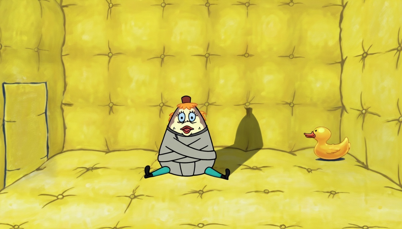 A cartoon character with orange hair, a small brown hat, large blue eyes, and an open mouth sits in the center of a yellow tufted padded room. The character is wrapped in a gray straitjacket with arms bound across the body, wearing teal socks and black shoes with legs spread. A dark shadow falls on the wall behind. A yellow rubber duck sits to the right. The walls and floor are covered in yellow padded tufting with button-like indentations.