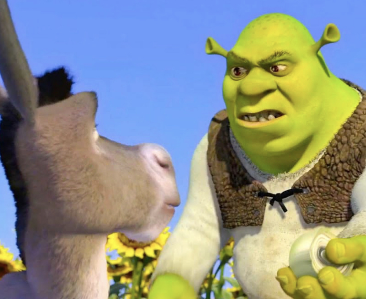A 3D animated still shows a green ogre on the right, framed from the chest up. He has a furrowed brow, small ears, and a slightly open mouth, and he wears a white shirt under a brown textured vest tied with a black cord. In his green hand he holds a peeled white onion. On the left, a gray-brown donkey appears in profile, facing the ogre, with a dark mane and an attentive expression. The background is a clear blue sky with yellow sunflowers along the bottom.