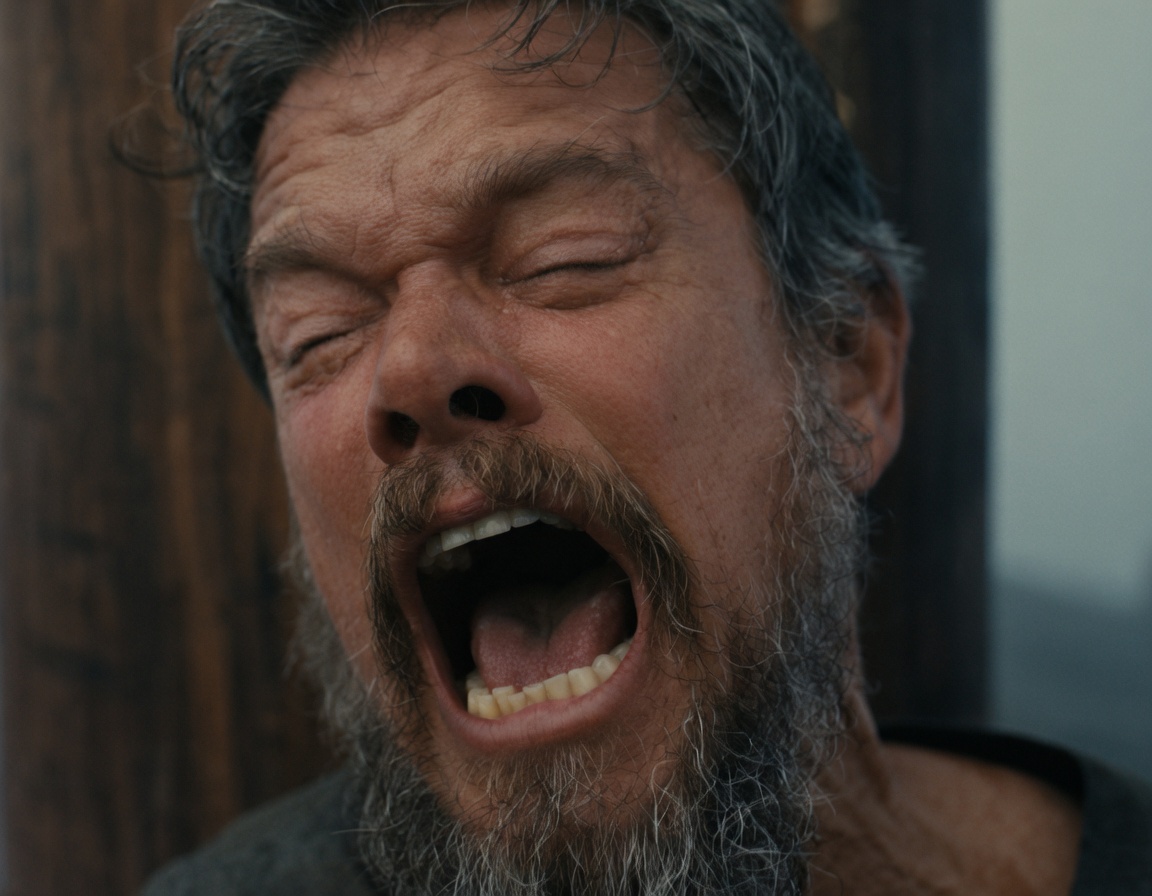 Close-up of a weathered middle-aged man with graying dark hair, heavy brow wrinkles, and a full gray-and-brown beard and mustache. His eyes are squeezed tightly shut, face contorted, mouth stretched wide open in a full scream showing teeth and tongue. He wears a rough dark garment. Background is a wooden post or wall on the left and a soft out-of-focus outdoor area on the right.