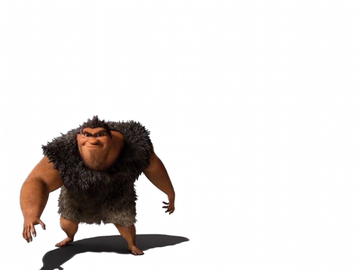 A stocky animated caveman stands barefoot on a plain white background. He wears a dark, shaggy fur vest, has a small tuft of hair on his head, thick eyebrows, and a slight smirk. His body is angled forward in a wide, grounded stance with arms hanging loosely at his sides and a dark shadow beneath his feet. Large empty white space surrounds him, especially above and to the right.