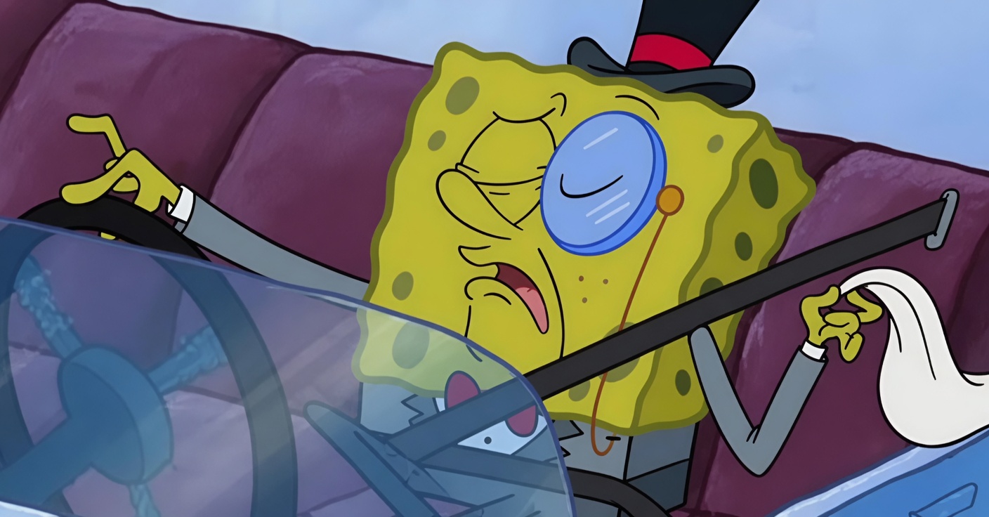 A yellow sponge character (SpongeBob) sits in a fancy open car with purple tufted upholstery and a curved windshield. He wears a black top hat with a red band, a blue monocle on a chain over one eye, and gray formal sleeves. One hand rests on the steering wheel; the other holds a thin black cane and a white cloth. His expression is refined and smug, with half-lidded eyes and a slight closed-mouth smile.
