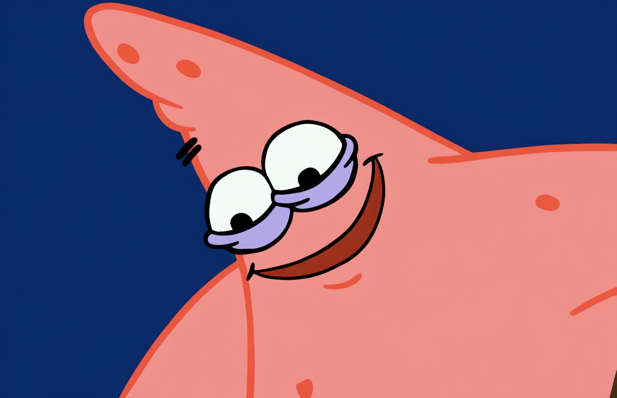 Close-up of a pink cartoon starfish character with orange outlines against a solid dark blue background. The character has a wide smug grin showing a dark red mouth interior, half-lidded white eyes with purple eyelids and small black pupils looking sideways, two short black motion lines near one eye, and scattered darker pink dots on the skin.