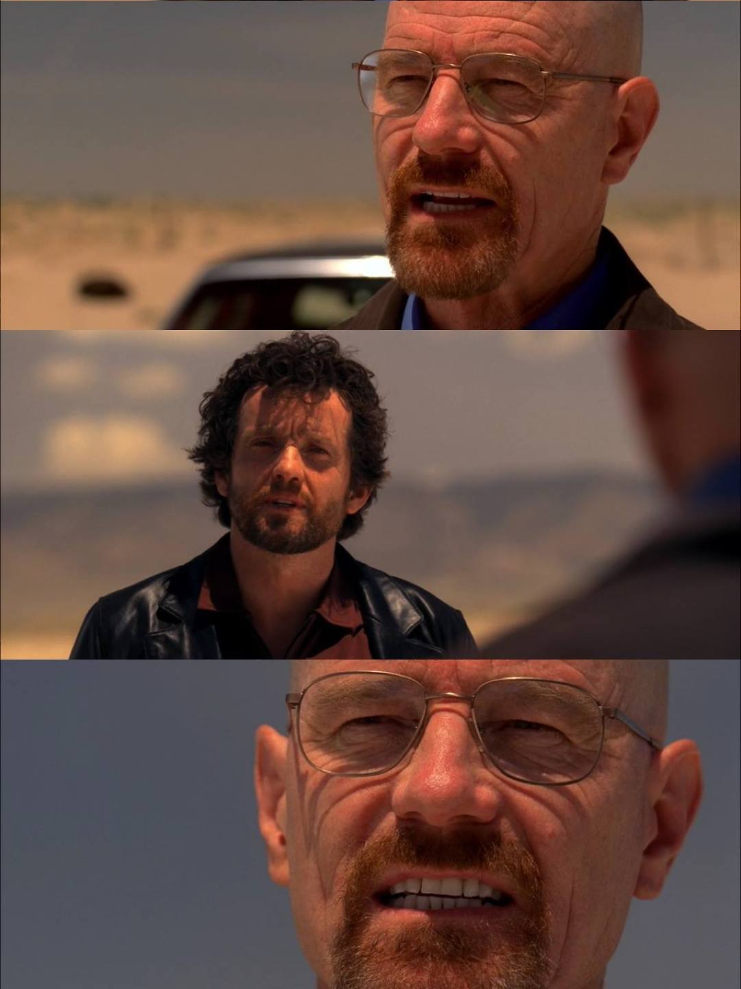 Three stacked live-action panels in a bright desert. Top: a bald man with wire-rim glasses and a reddish goatee, mouth open mid-speech, dark jacket over a blue collar, with a vehicle behind him. Middle: a curly-haired, bearded man in a black leather jacket facing him, desert hills behind, the first man's shoulder blurred in the foreground. Bottom: an extreme close-up of the bald man's face, teeth showing, speaking with a hard, satisfied expression.