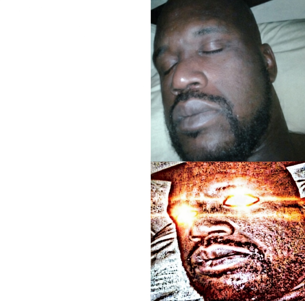 A two-panel vertical meme on the right half of the image, with a large blank white area on the left. Top right: a close-up of a bald man with a goatee sleeping peacefully on a pillow, eyes closed; white text reads “i sleep.” Bottom right: the same man with an intense expression, glowing orange/yellow eyes and a fiery filter; white text reads “real shit?” A small X appears in the upper left of the top photo.