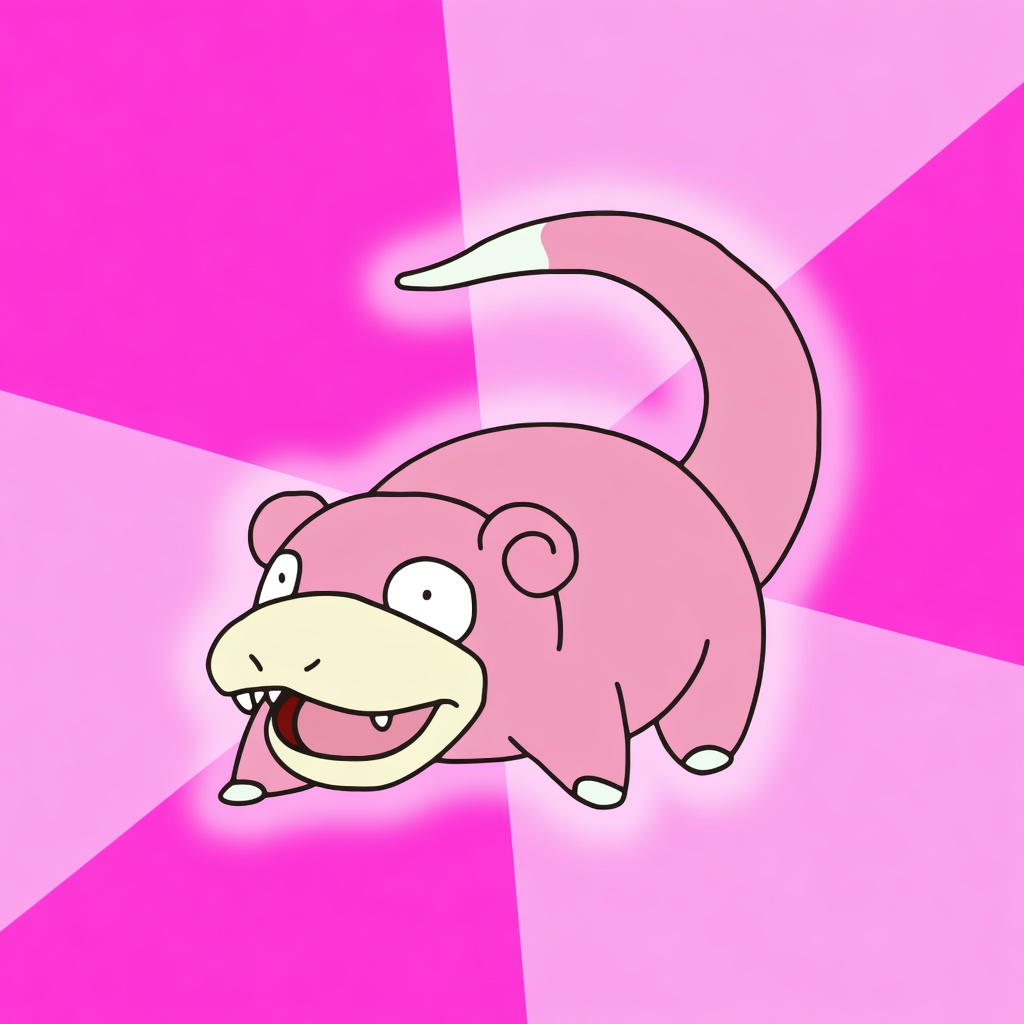 A pink cartoon creature with a cream muzzle, wide blank eyes, an open mouth with small teeth, curled ears, pale claws, and a long tail tipped in pale green-white. Thick black outlines and flat color. It sits slightly left of center on a bright pink background of radiating triangular panels, with a soft white glow around its body.