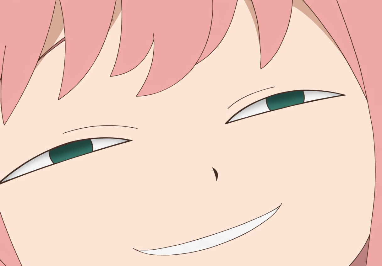 Close-up anime face of a young girl with light pink hair and bangs, pale skin, dark green eyes (one more narrowed), a small nose, and a wide closed-mouth smug grin showing white teeth. The expression is cheeky and self-satisfied against a plain pink background.