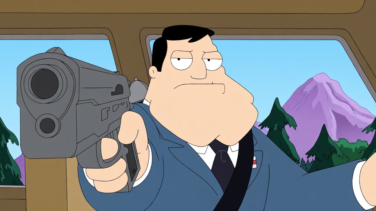 A cartoon man with black hair, a large chin, and a serious half-lidded expression sits inside a vehicle wearing a blue suit, white shirt, dark tie, and seatbelt. He points a large gray handgun directly toward the viewer with one hand while his other arm is extended. Through the windows, a bright blue sky, green pine trees, and a purple mountain are visible.