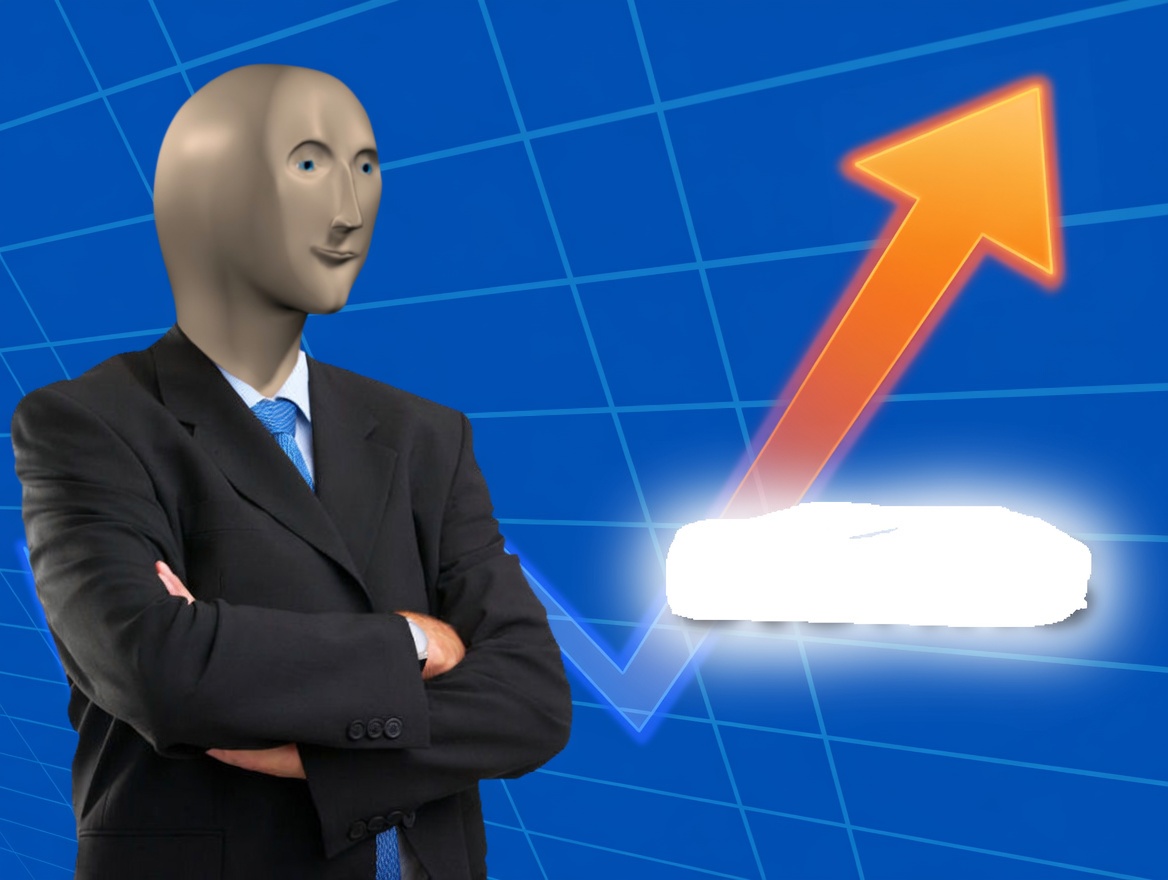 A bald, featureless gray-headed figure (Meme Man) in a black suit, light shirt, and blue tie stands with arms crossed on the left. Behind him is a blue grid chart background with a blue line that dips then rises. A large glowing orange arrow shoots upward to the right. A bright white blank oblong sits at the base of the arrow where a label normally appears.