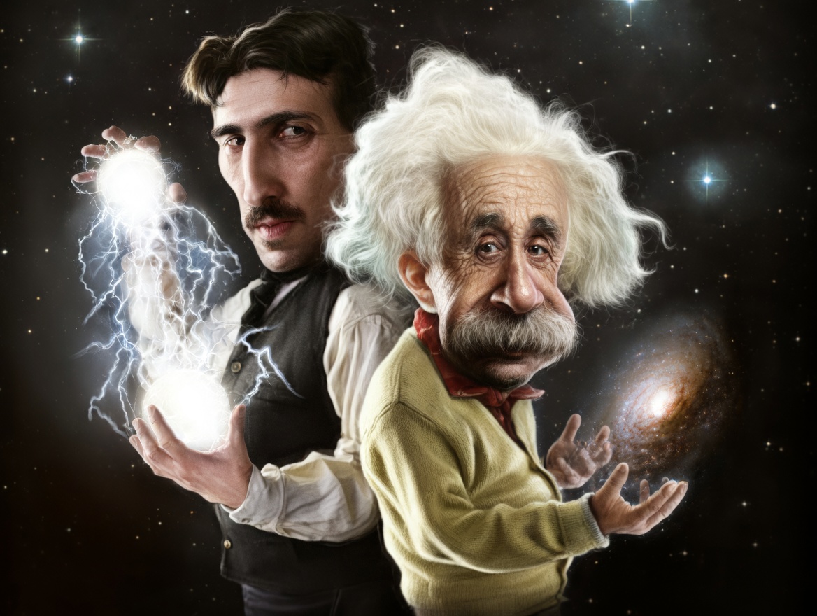 A starfield background with two men standing side by side. On the left, a younger man with dark hair and a mustache wears a white shirt and dark vest; he holds two glowing white orbs with lightning arcing between them and looks toward the other man. On the right, an older man with wild white hair and a thick mustache wears a yellow cardigan and red bow tie; his hands are open and empty, a spiral galaxy floats near them, and he looks toward the viewer.